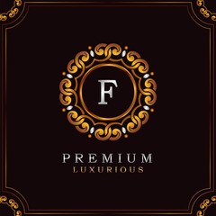 Golden Premium Luxury Mandala Badge Letter F Logo Design. Elegance Ornate Decoration Mandala Badge On Golden Frame .