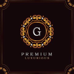 Golden Premium Luxury Mandala Badge Letter G Logo Design. Elegance Ornate Decoration Mandala Badge On Golden Frame .