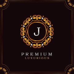Golden Premium Luxury Mandala Badge Letter J Logo Design. Elegance Ornate Decoration Mandala Badge On Golden Frame .
