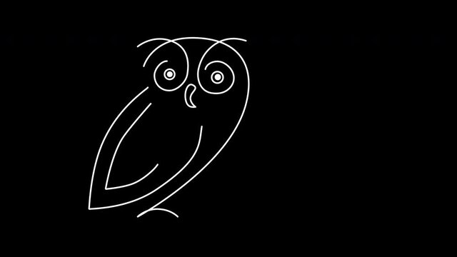 Self drawing animation of owl, bird, symbol of wisdom and knowledge. Copy space. Golden line.	