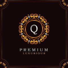 Golden Premium Luxury Mandala Badge Letter Q Logo Design. Elegance Ornate Decoration Mandala Badge On Golden Frame .