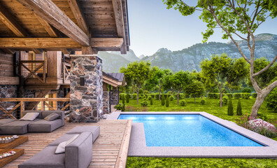 3d rendering of modern cozy chalet with pool and parking for sale or rent.  Massive timber beams columns. Beautiful forest mountains on background. Clear summer evening with cozy light from window