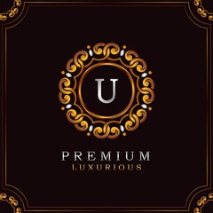 Golden Premium Luxury Mandala Badge Letter U Logo Design. Elegance Ornate Decoration Mandala Badge On Golden Frame .
