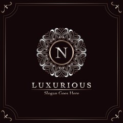 Elegance Ornate Luxury Mandala Badge Letter N Logo Design Decorative Frame Template