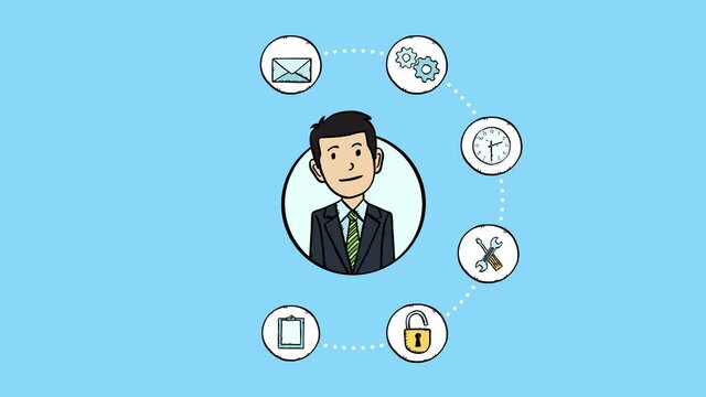 4K animation of talking businessman avatar with sketch style office icons around him. Animation is in colorful doodle style. Easy to edit talking loop.