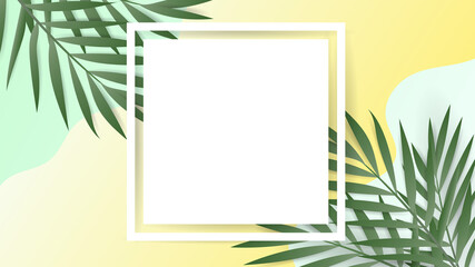 Palm left with paper frame for text on blue and yellow background, illustration vector eps 10