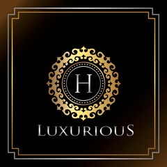 Gold Luxury Ornate Badge H Logo Letter. Elegance Ornate Decorative Luxury Initial Logo Template.