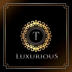 Gold Luxury Ornate Badge T Logo Letter. Elegance Ornate Decorative Luxury Initial Logo Template.
