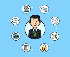 Sketch style colorful illustration of smiling businessman avatar with office icons around him.