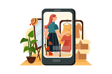 Influencer girl broadcasting live video at home. Women selling clothes online