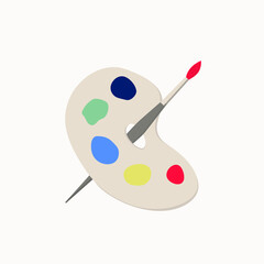 Artistic brush and palette with paints. Painter's accessories. Multi-colored paints for painting. Vector illustration. White isolated background.