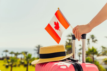 Woman with pink suitcase, hat and Canada flag standing on passengers ladder and getting out of airplane opposite sea coastline with palm trees.