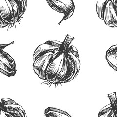 garlic vegetables vector graphics. Sketch doodle illustration hand drawn print textile. Vintage retro patern seamless set clipart spicy condiments foods
