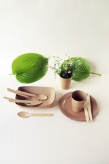Environmentally friendly disposable tableware made from natural materials, leaves on a light background, the concept of ecology, zero waste, lifestyle