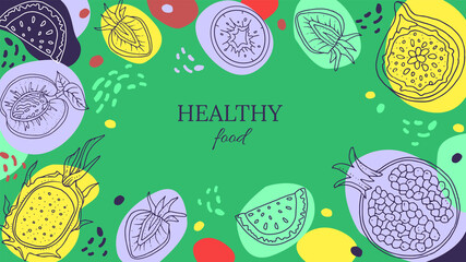 Fresh fruits, vegan, vegetarian food. Editable frames, web templates. Elegant background. Layout for business. For restaurant, cafe, food festival, fashion shops, brand. 