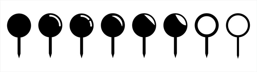 Set of Pin dripped icons isolated on white background. Black pin filled shadow vector illustration.