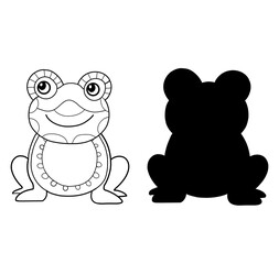 Frog illustration. Line art. Vector illustration on white background. Two versions, black shape and black and white silhouette. Cut out