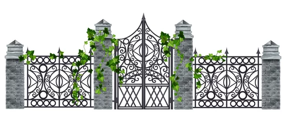 Fotobehang Iron wrought gate, metal old vector fence illustration, stone column, ivy leaf, climber plant isolated on white. Black antique gothic mansion entrance, vintage grate. Iron decorative classic gate © Oleksandra