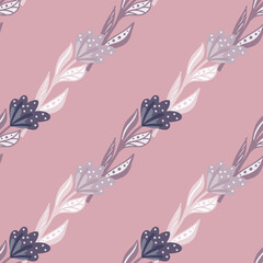 Spring season seamless pattern with diagonal flower elements. Lilac background. Minimalistic style.