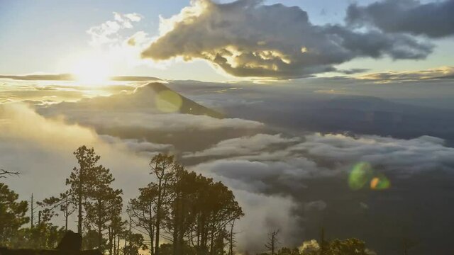 Landscape panorama view of Volcan de Fuego in Guatemala during eruption with smoke and dust in the air. Active stratovolcano of Acatenango constantly active spewing lava, rock and ash.