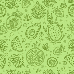 Cute background with tropical 
fruits. Seamless pattern with line drawn dragonfruit, kiwi, melon, strawberry, papaya. Trendy design for wallpaper, textile, packing, fabric, paper, packaging. Vegan
