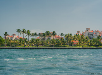 Fototapeta na wymiar tropical island with trees fisher island Miami Florida usa luxury palms panorama sea 