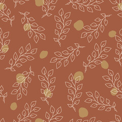 Aesthetical cute background. Seamless pattern with line drawn beige bohemian flowers, plants. Trendy design for wallpaper, textile, packing, fabric, paper. Natural pastel, earth colors