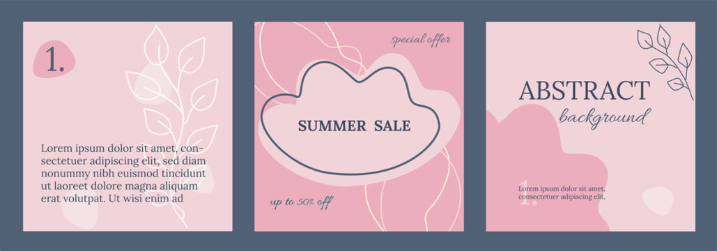 Editable social media frames, post templates. Pink, blue feminine colors. Cute, elegant background. Layout for business : sale, shop now. For fashion shops, brand. Set of 3. Square backgrounds