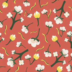 Cotton seamless pattern. Red background. Trendy cute design for wallpaper, textile design, packing, fabric. Eco life, bio. Floral design