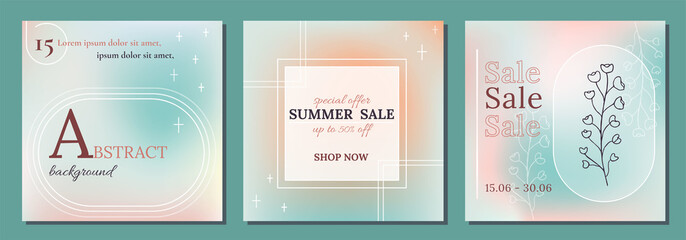 Editable social media frames, post templates. Gradient Aesthetic, elegant background. Futuristic vibe Layout for business:  new, sale, shop, follow. For fashion shops, brand, online coach.Set of 3