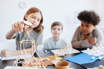 Portrait of teen girl making wooden models during art and craft class in school, focus on...