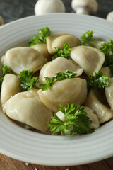 Concept of tasty food with vareniki or pierogi, close up