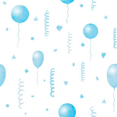 Blue baloons seamless pattern isolated. Abstract watercolor free-hand illustration for postcard, invitation, banner, birthday, baby shower, party decoration, wrapping paper, present, gift
