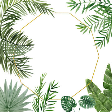 Green palm leaves golden frame. Tropical twigs, branches wreath. Jungle florals. Watercolor free-hand illustration for postcard, invitation, banner, event flyer, poster, presentation, menu, lifestyle