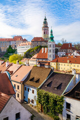 Obraz premium Top view on the green and small houses in old town in Cesky Krumlov, Czech Republic. 