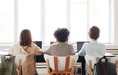 Back view at group of three children sitting in row and using computers during IT lesson in school,...
