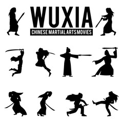 Set of silhouette design of chinese martial arts movie actions,vector illustration