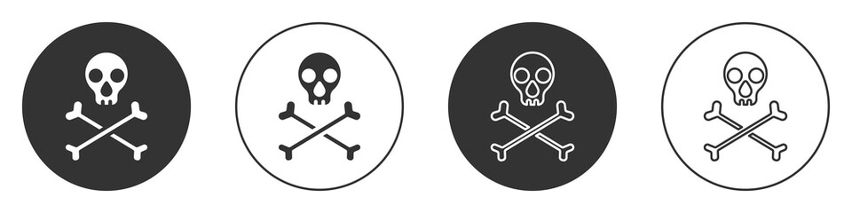 Black Skull on crossbones icon isolated on white background. Happy Halloween party. Circle button. Vector