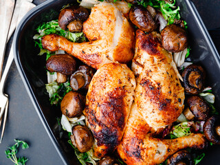 Roasted chicken leg and breast with fresh salad and champignons on a plate.