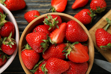 Concept of tasty eating with fresh strawberry on wooden table
