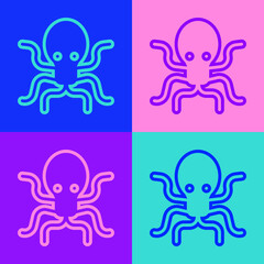 Pop art line Octopus icon isolated on color background. Vector