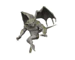 3D illustration of a moss covered stone Gargoyle fantasy creature isolated on a white background.