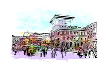 Building view with landmark of Genoa is the 
city in Italy. Watercolor splash with hand drawn sketch illustration in vector. - obrazy, fototapety, plakaty