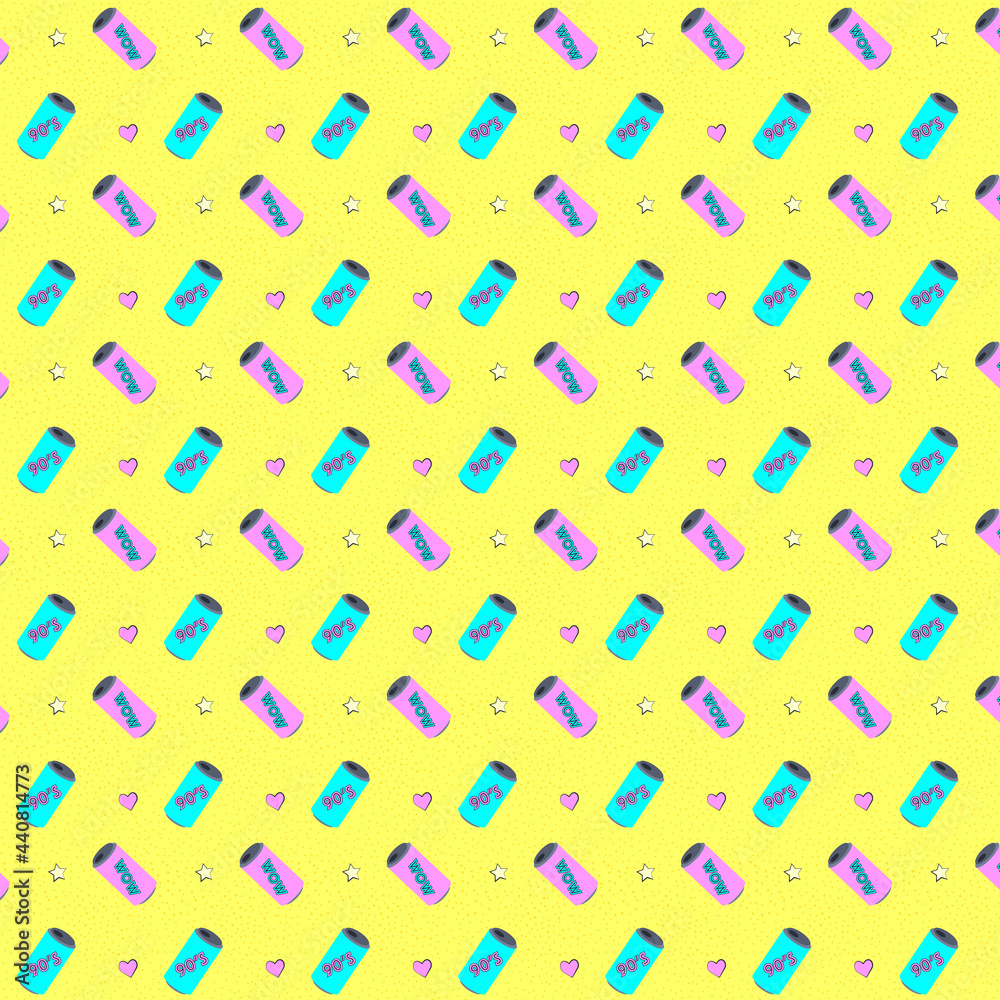 Aufkleber Seamless pattern with colorful dots. Pattern with colorful pop art objects different bottles. Summer time holiday vector design. Vector neon pop background 80s - 90s.