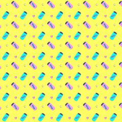 Fototapeta na wymiar Seamless pattern with colorful dots. Pattern with colorful pop art objects different bottles. Summer time holiday vector design. Vector neon pop background 80s - 90s.