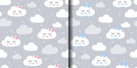 
Seamless pattern cute baby shower with faces clouds