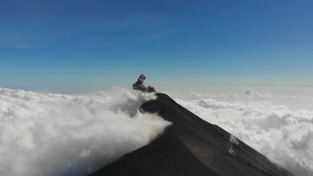 Volcan de Fuego in Guatemala during eruption with smoke and dust in the air. Active stratovolcano of Acatenango. (aerial photography)