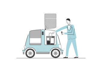 Autonomous delivery concept. Driverless delivery service with autonomous car and man receiving the goods. Flat vector illustration with limited colors.