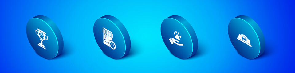Set Isometric Pet award, Hands with animals footprint, food bowl and Dog medicine bottle icon. Vector