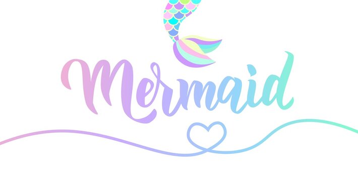 Mermaid hand lettering text. Typography for t-shirt design, birthday party banner template. Vector illustration.